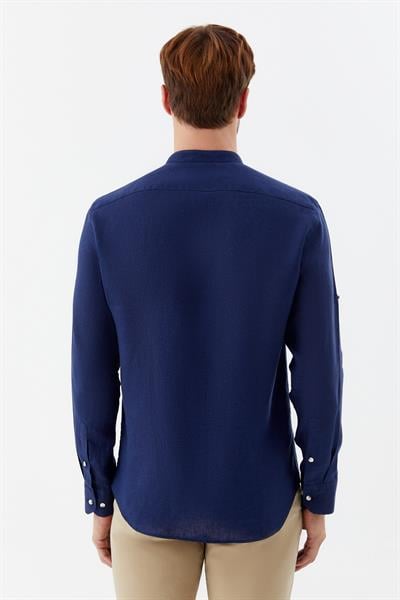 Lacivert Hakim Yaka Regular Fit Keten Erkek Gömlek