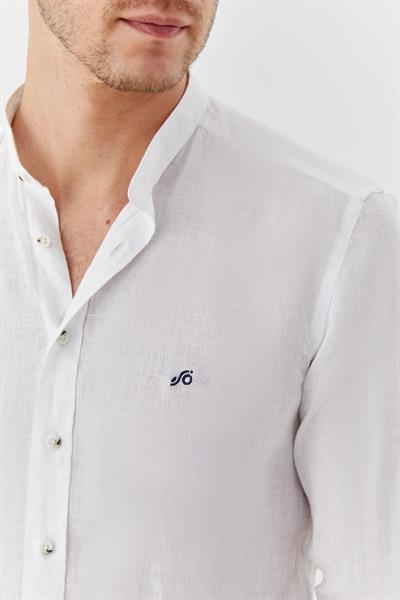 Beyaz Hakim Yaka Regular Fit Keten Erkek Gömlek