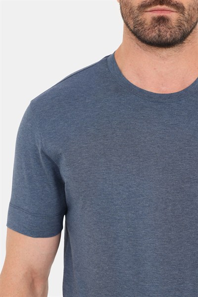 İndigo Melanj %100 Pamuk Regular Fit Bisiklet Yaka Basic T-shirt