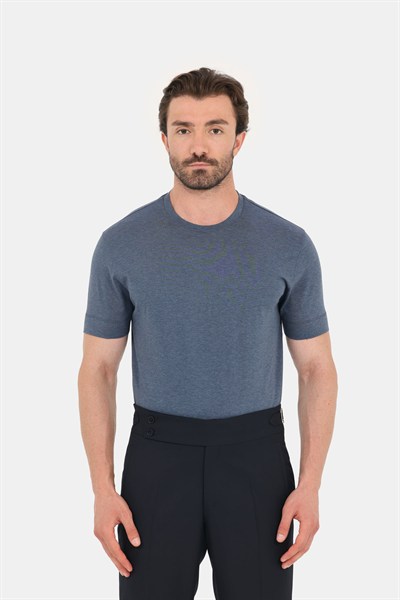 İndigo Melanj %100 Pamuk Regular Fit Bisiklet Yaka Basic T-shirt