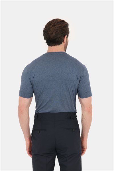 İndigo Melanj %100 Pamuk Regular Fit Bisiklet Yaka Basic T-shirt