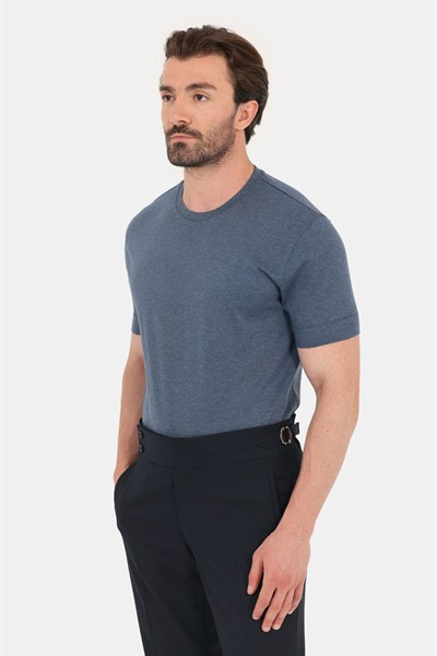 İndigo Melanj %100 Pamuk Regular Fit Bisiklet Yaka Basic T-shirt