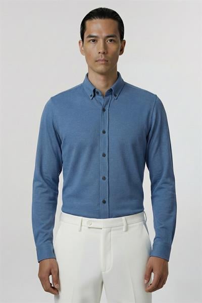 Giotelli İndigo Slim Fit %100 Pamuk Düğmeli Yaka Erkek Gömlek