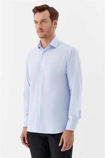 Erkek Açık Mavi Desenli Yarım İtalyan Yaka Regular Fit Gömlek