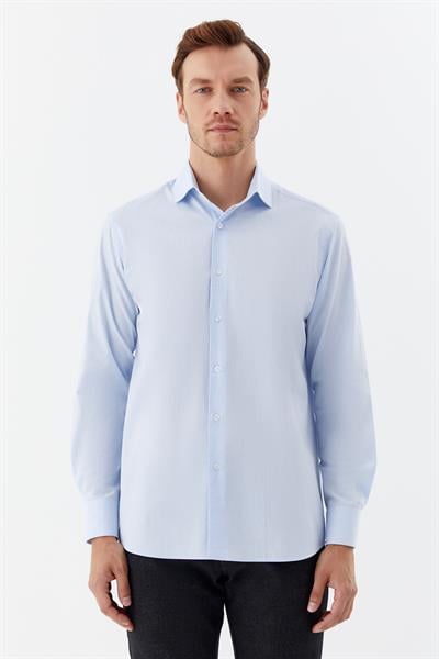 Erkek Açık Mavi Desenli Yarım İtalyan Yaka Regular Fit Gömlek