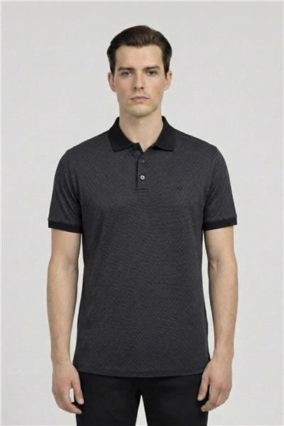 Jakar Desenli Polo Yaka Erkek T-Shirt Siyah