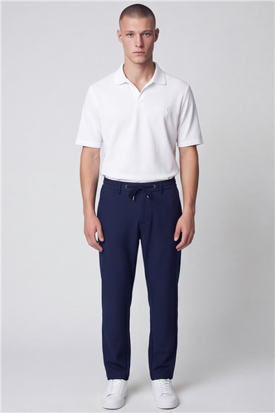 Erkek Lacivert Normal Kesim Regular Fit Viskon Örme Yan Cep Lastikli Bel Klasik Paça Jogger Pantolon