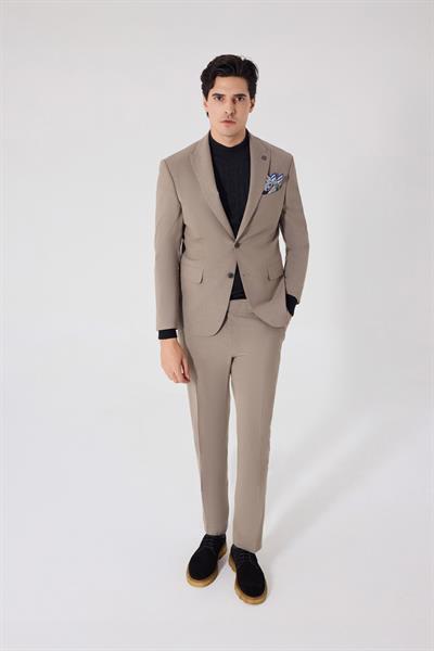 Erkek Kahve Dar Kesim Slim Fit Viskon Ceket Yaka Fleto Kapaklı Cep Çift Yırtmaçlı 6 Drop Takım Elbise