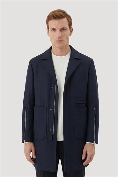 Lacivert Comfort Fit Kapüşonlu Fermuarlı Erkek Kaşe Kaban