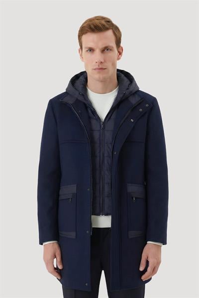 Lacivert Comfort Fit Kapüşonlu Fermuarlı Erkek Kaşe Kaban