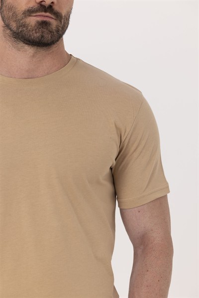 Kahve %100 Pamuk Bisiklet Yaka Düz Renk Basic T-Shirt