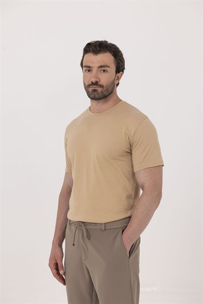 Kahve %100 Pamuk Bisiklet Yaka Düz Renk Basic T-Shirt