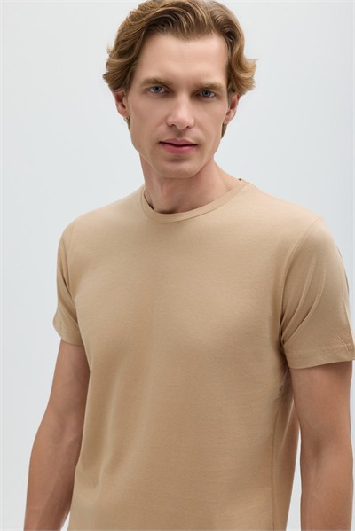Kahve %100 Pamuk Bisiklet Yaka Düz Renk Basic T-Shirt