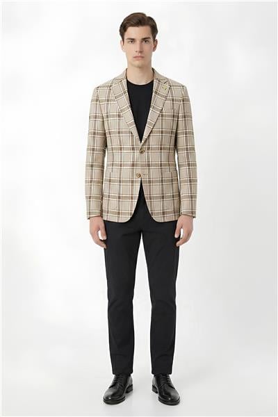 Giotelli Kahve Ekose Mono Yaka Comfort Kalıp 6 Drop Kemerli Bel Astarsız Erkek Ceket