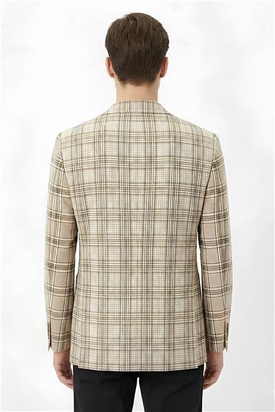 Giotelli Kahve Ekose Mono Yaka Comfort Kalıp 6 Drop Kemerli Bel Astarsız Erkek Ceket