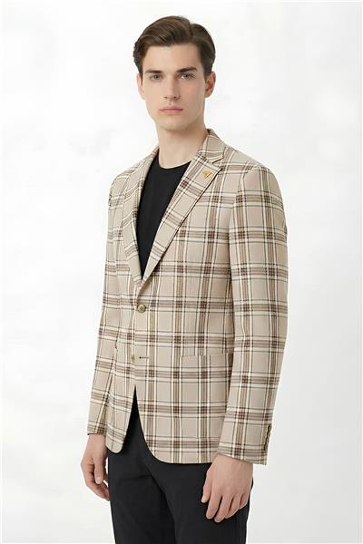 Giotelli Kahve Ekose Mono Yaka Comfort Kalıp 6 Drop Kemerli Bel Astarsız Erkek Ceket