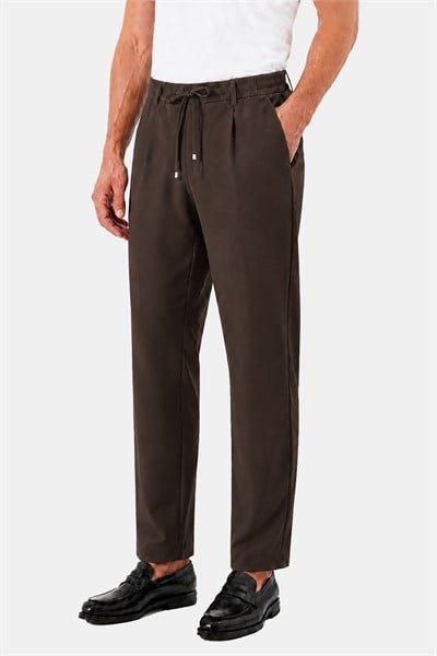 Kahve Dokulu Arka Lastikli Köprü Kemerli Bağcıklı Slim Fit Jogger Pantolon