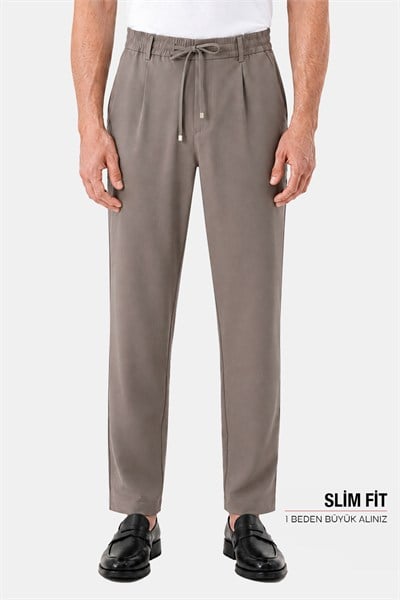 Kahve Dokulu Arka Lastikli Köprü Kemerli Bağcıklı Slim Fit Jogger Pantolon