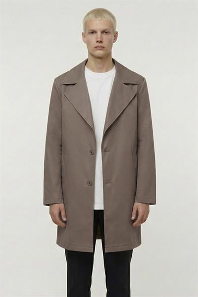Erkek Kahve Geniş Kesim Oversize Fit Pamuklu Dokuma Yan Cepli Orta Boy Ceket Yaka Trençkot