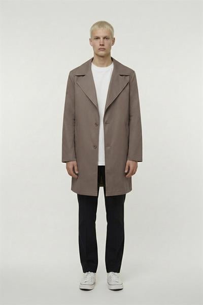 Erkek Kahve Geniş Kesim Oversize Fit Pamuklu Dokuma Yan Cepli Orta Boy Ceket Yaka Trençkot
