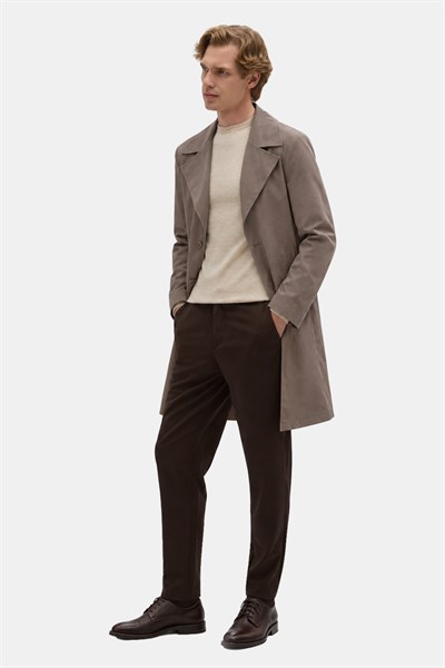 Kahve Oversize Pamuklu Yan Cepli Mono Yaka Trençkot