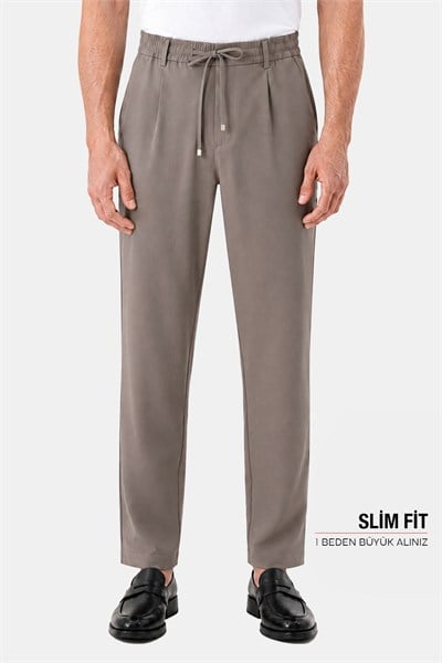Kahve Dokulu Arka Lastikli Köprü Kemerli Bağcıklı Slim Fit Jogger Pantolon