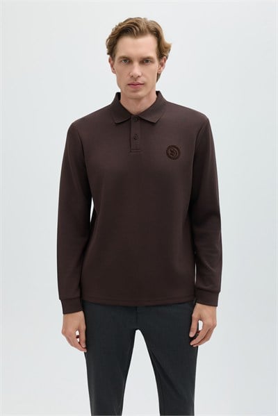 Kahverengi Regular Fit Polo Yaka Erkek Sweatshirt