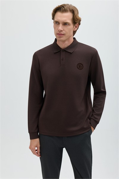 Kahverengi Regular Fit Polo Yaka Erkek Sweatshirt