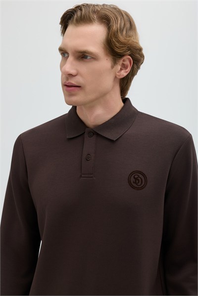 Kahverengi Regular Fit Polo Yaka Erkek Sweatshirt