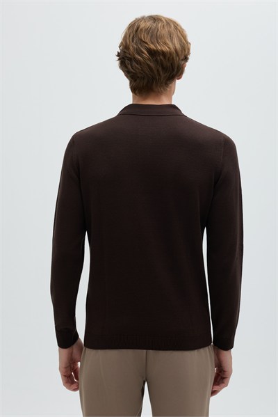 Kahve Regular Fit Pamuklu Polo Yaka Triko Kazak