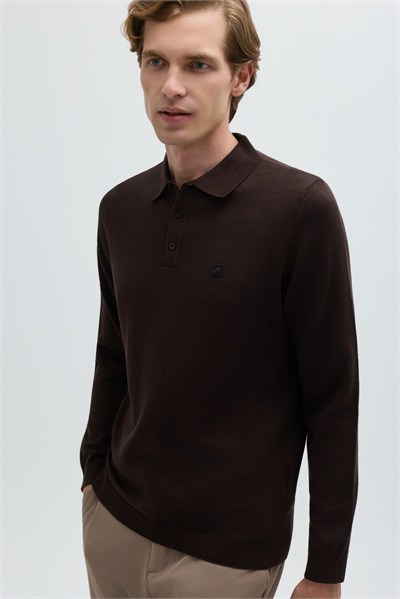 Kahve Regular Fit Pamuklu Polo Yaka Triko Kazak