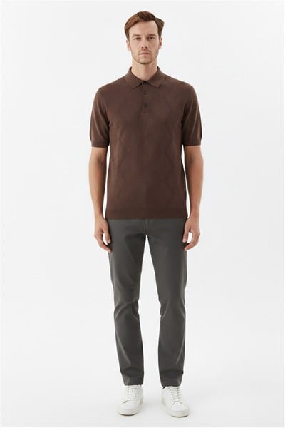 Erkek Kahve Slim Fit %100 Pamuk Desenli Triko Polo Yaka Tişört