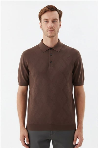 Erkek Kahve Slim Fit %100 Pamuk Desenli Triko Polo Yaka Tişört
