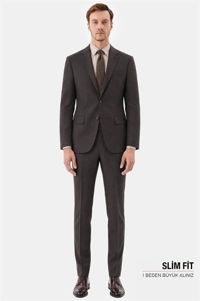 Kahve Slim Fit Normal Bel 6 Drop Mono Yaka Takım Elbise