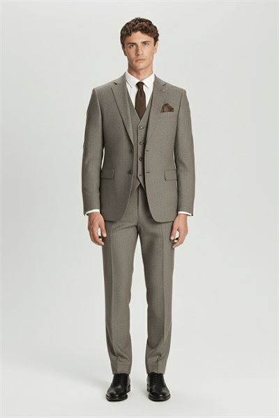 Giotelli Erkek Kahve Regular Fit Mono Yaka Yelekli 5 Drop Tam Astarlı Takım Elbise