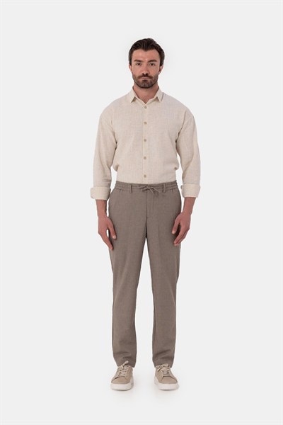 Kahverengi Dokulu Arka Lastikli Köprü Kemerli Bağcıklı Slim Fit Jogger Pantolon