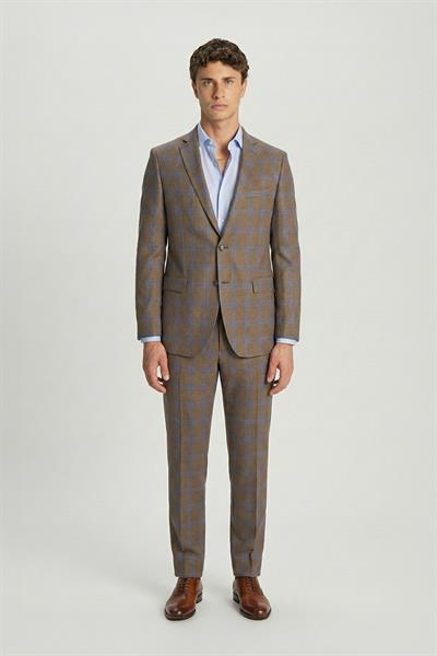 Giotelli Erkek Kahverengi Dar Kesim Slim Fit Ekose Desenli Mono Yaka Fleto Kapaklı Cep Çift Yırtmaçlı 6 Drop Yelekli Takım Elbise