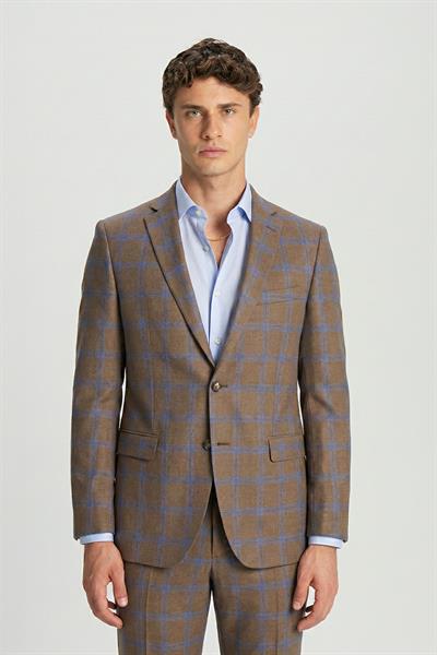 Giotelli Erkek Kahverengi Dar Kesim Slim Fit Ekose Desenli Mono Yaka Fleto Kapaklı Cep Çift Yırtmaçlı 6 Drop Yelekli Takım Elbise