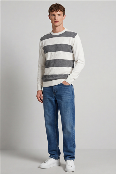 Erkek Kemik Normal Kesim Regular Fit Yünlü Bisiklet Yaka Minimal Triko Kazak