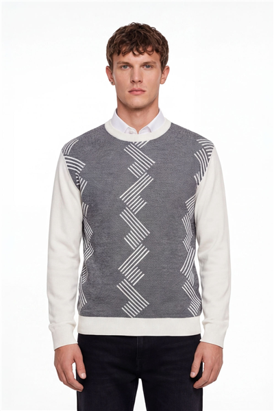 Erkek Kemik Normal Kesim Regular Fit Yünlü Desenli Bisiklet Yaka Triko Kazak 