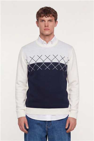 Erkek Kemik-Siyah Normal Kesim Regular Fit Yünlü Dokuma Desenli Triko Kazak