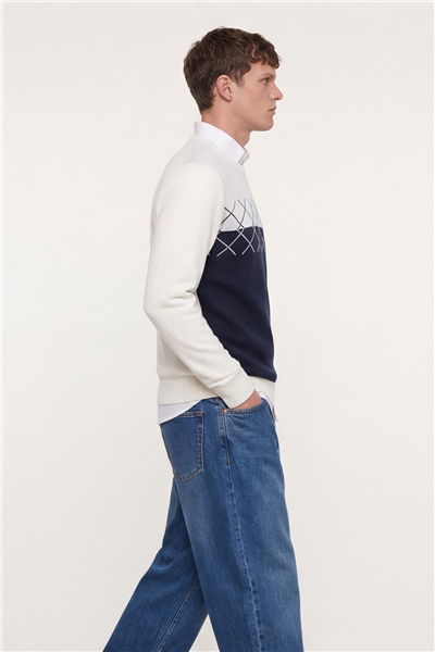 Erkek Kemik-Siyah Normal Kesim Regular Fit Yünlü Dokuma Desenli Triko Kazak