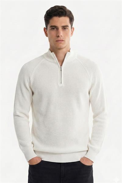 Ekru Slim Fit Dokulu Fermuarlı Yarım Balıkçı Yaka Erkek Triko Kazak