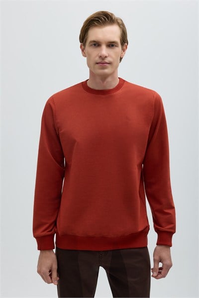 Kiremit Bisiklet Yaka Basic Erkek Sweatshirt