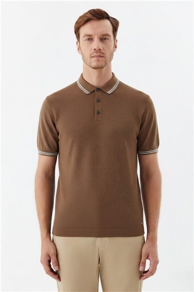 Erkek Kiremit Slim Fit %100 Pamuk Jakarlı Triko Polo Yaka Tişört