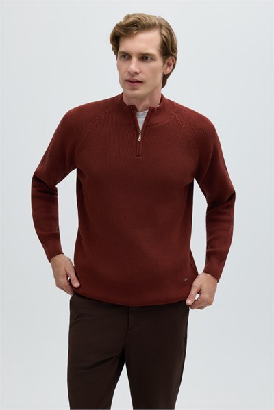 Kiremit Slim Fit Fermuarlı Yarım Balıkçı Yaka Triko Kazak