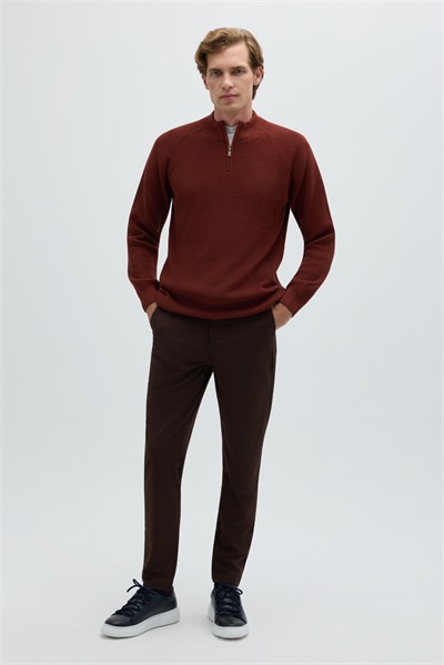 Kiremit Slim Fit Fermuarlı Yarım Balıkçı Yaka Triko Kazak