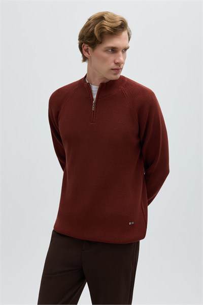 Kiremit Slim Fit Fermuarlı Yarım Balıkçı Yaka Triko Kazak
