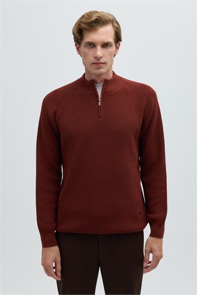 Kiremit Slim Fit Fermuarlı Yarım Balıkçı Yaka Triko Kazak