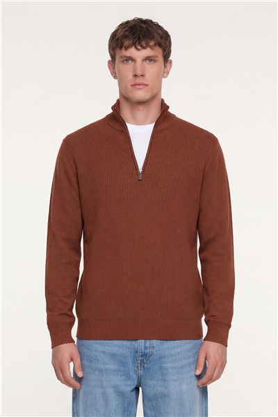 Erkek Kiremit Normal Kesim Regular Fit Yünlü Fermuarlı Dik Yaka Triko Kazak